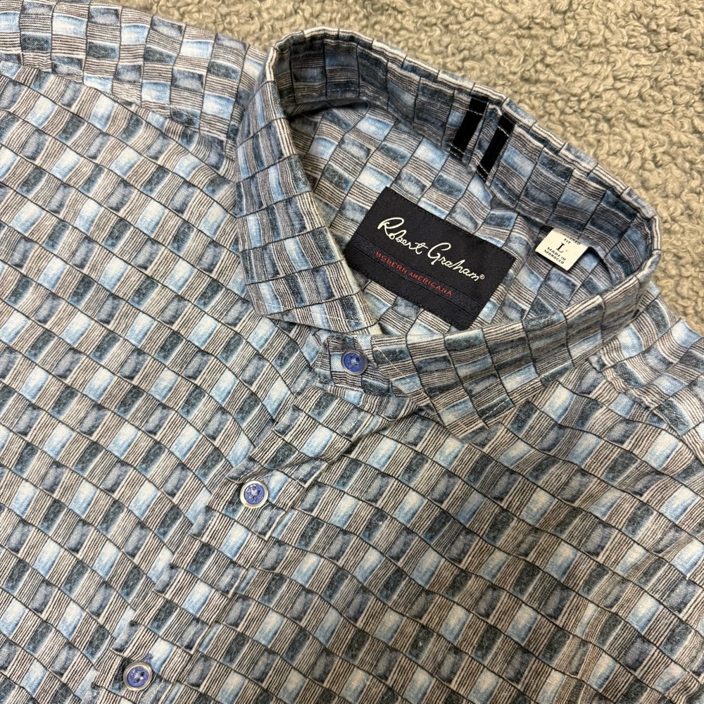 Robert Graham Blue Geometric Men’s Short Sleeve Shirt Size Large 74% Linen